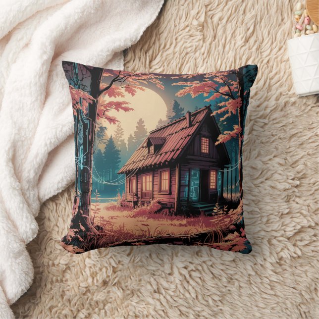 Moonlit Cabin Japanese Forest Art (2) Throw Pillow (Blanket)