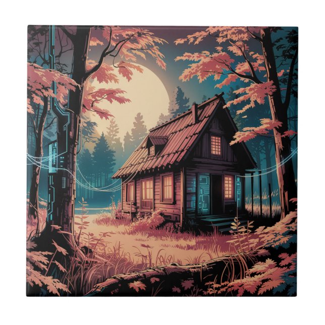 Moonlit Cabin Japanese Forest Art (2) Tile (Front)