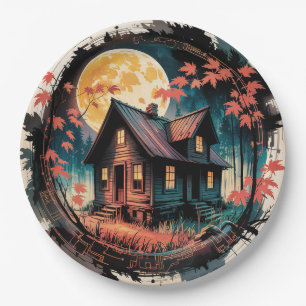 Moonlit Cabin Japanese Forest Art (3) Paper Plate