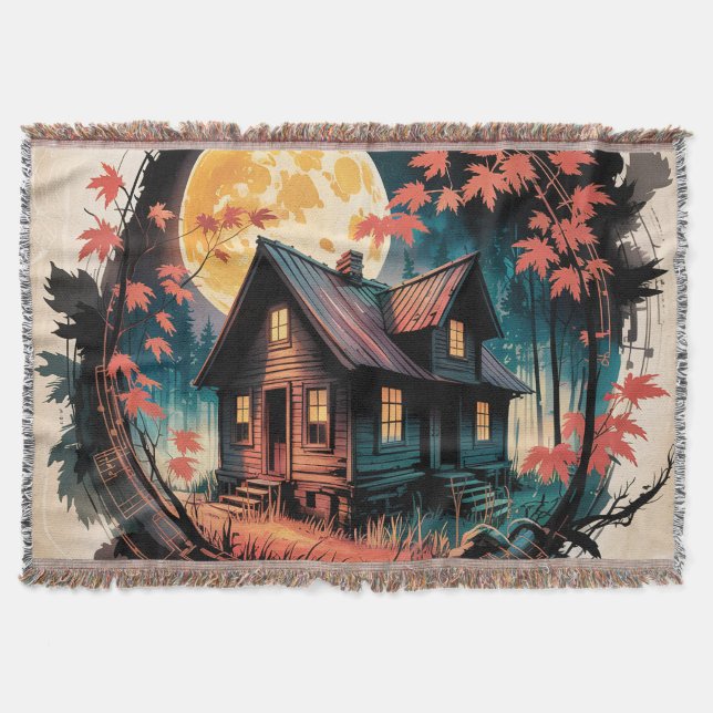 Moonlit Cabin Japanese Forest Art (3) Throw Blanket (Front)