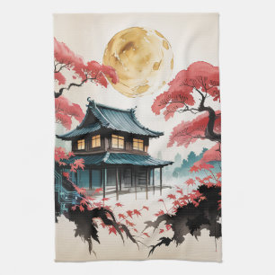 Moonlit Cabin Japanese Forest Art (5) Kitchen Towel