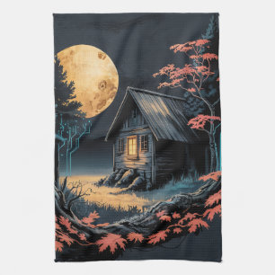 Moonlit Cabin Japanese Forest Art (6) Kitchen Towel