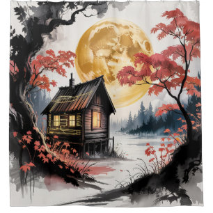 Moonlit Cabin Japanese Forest Art (7)