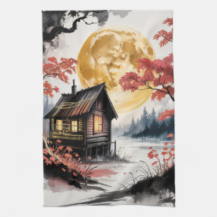 Moonlit Cabin Japanese Forest Art (7) Kitchen Towel