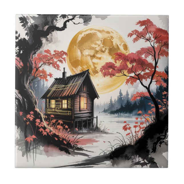 Moonlit Cabin Japanese Forest Art (7) Tile (Front)