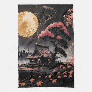 Moonlit Cabin Japanese Forest Art (8) Kitchen Towel