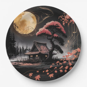 Moonlit Cabin Japanese Forest Art (8) Paper Plate