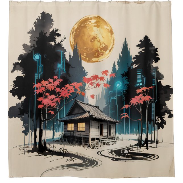 Moonlit Cabin Japanese Forest Art (9) (Front)