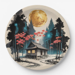 Moonlit Cabin Japanese Forest Art (9) Paper Plate