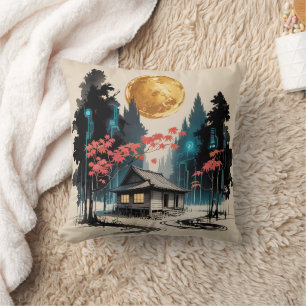 Moonlit Cabin Japanese Forest Art (9) Throw Pillow