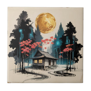 Moonlit Cabin Japanese Forest Art (9) Tile