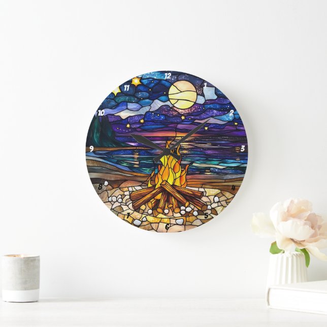 Moonlit Campfire Serenity Stained Glass Wall Large Clock (Home)