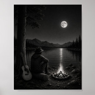 Moonlit Campfire Wanderer Black and White Poster