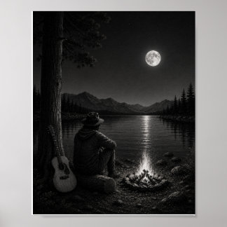 Moonlit Campfire Wanderer Black and White Poster