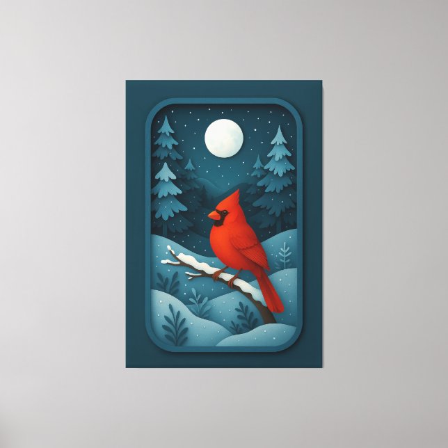 Moonlit Cardinal in Winter Forest Canvas Print (Front)