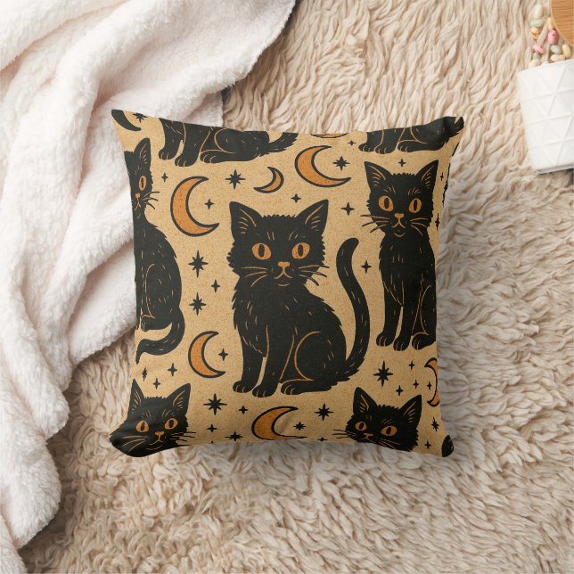 Moonlit Cat Crescent Pattern Throw Pillow (Blanket)