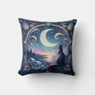 Moonlit Cat Fantasy Art Nouveau Design Throw Pillow