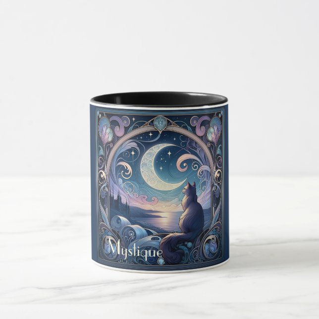 Moonlit Cat Fantasy Blue Art Nouveau Mug (Center)