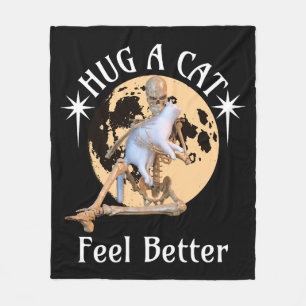 Moonlit Cat Hug Skeleton Comfort Humour Fleece Blanket