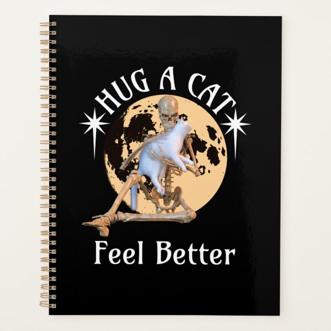 Moonlit Cat Hug Skeleton Comfort Humour Planner (Front)