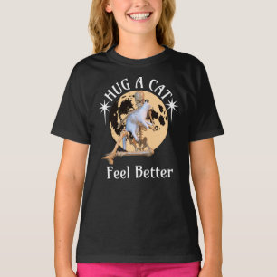 Moonlit Cat Hug Skeleton Comfort Humour T-Shirt