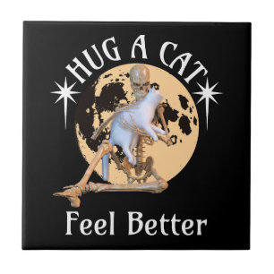 Moonlit Cat Hug Skeleton Comfort Humour Tile
