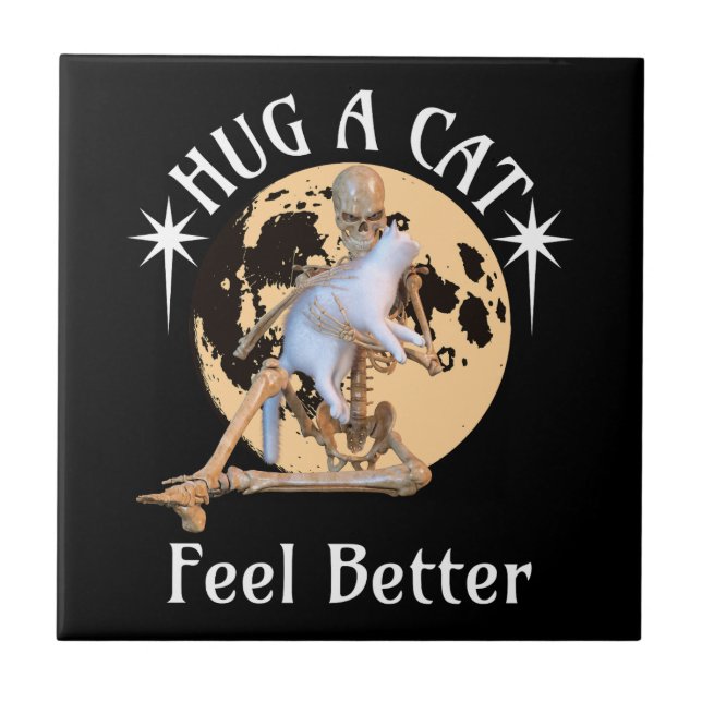 Moonlit Cat Hug Skeleton Comfort Humour Tile (Front)