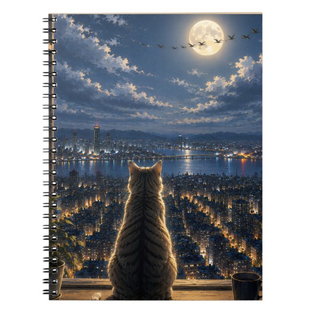 Moonlit Cat Watching the City Night Window Art Notebook (Front)