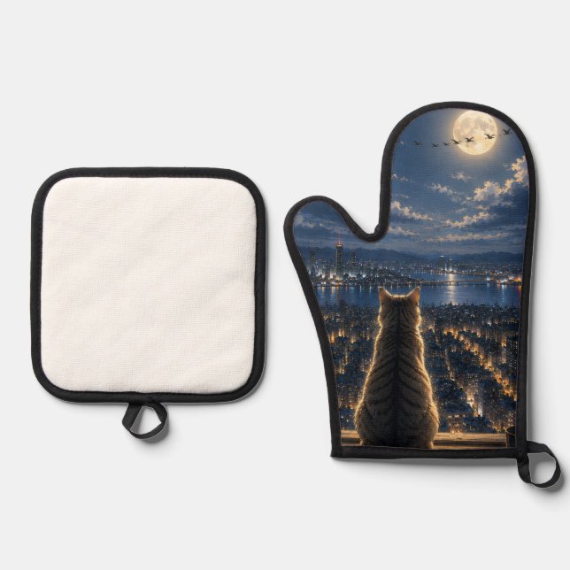 Moonlit Cat Watching the City Night Window Art Oven Mitt & Pot Holder Set (Front)