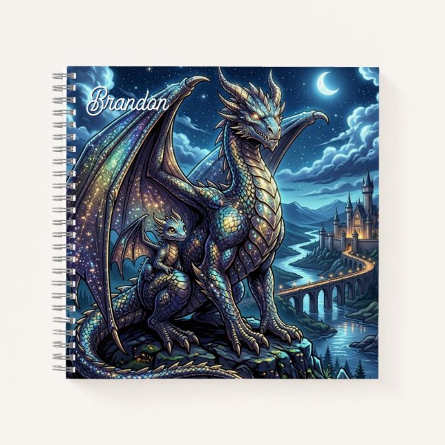 Moonlit Celestial Dragons Personalized Sketchbook Notebook (Front)