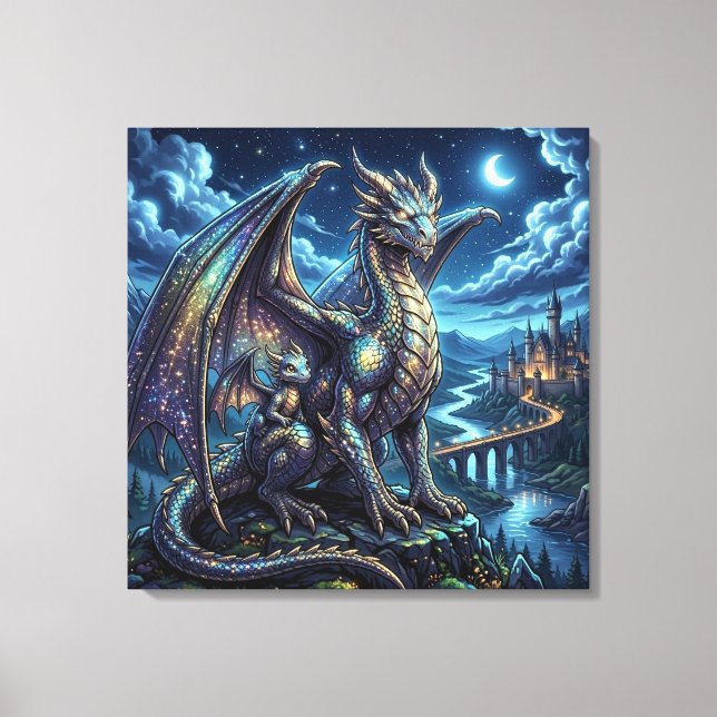 Moonlit Celestial Father and Son Dragons   Canvas Print (Front)