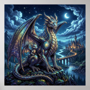 Moonlit Celestial Father and Son Dragons   Poster