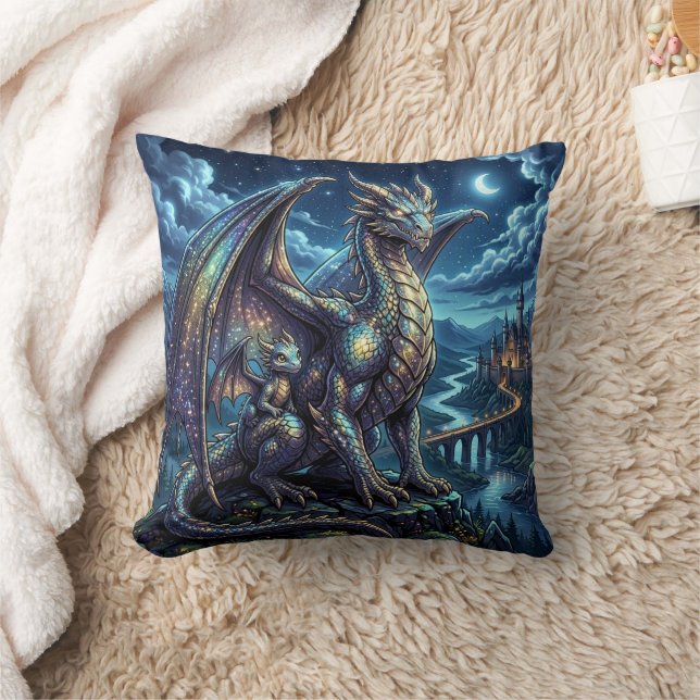 Moonlit Celestial Father and Son Dragons   Throw Pillow (Blanket)
