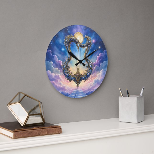 Moonlit Celestial Harp – Dreamy Cosmic Fantasy Art Large Clock (Office)