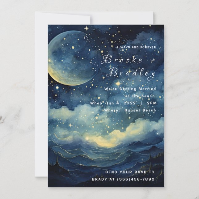 Moonlit Celestial Waves Wedding Invitation (Front)