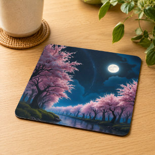 Moonlit Cherry Blossom Anime Landscape Square Paper Coaster