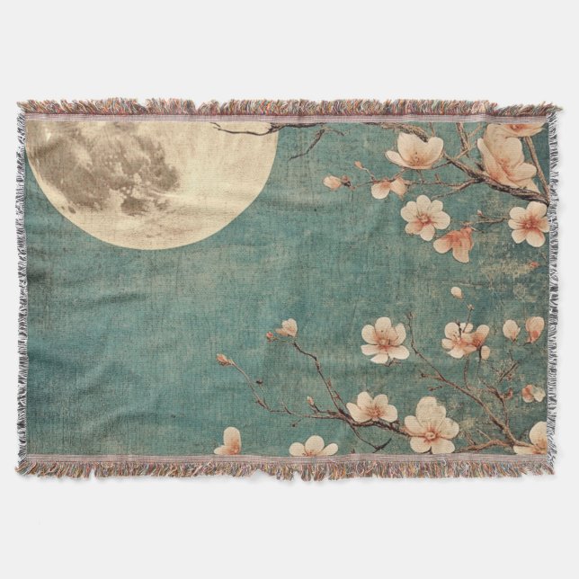 Moonlit Cherry Blossom Serenity Throw Blanket (Front)