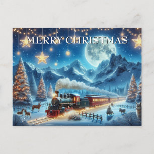 Moonlit Christmas Train with Forest Animals Holiday Postcard