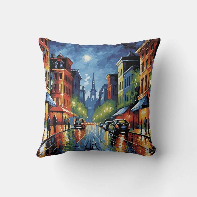 Moonlit City Street Throw Pillow (Back)