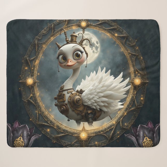Moonlit Clockwork Swan – Keeper of Curious Dreams. Sherpa Blanket (Front (Horizontal))