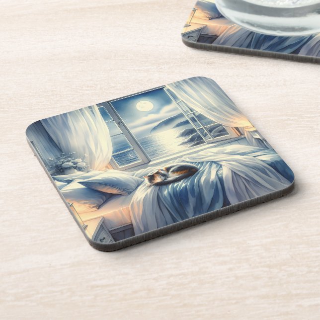 Moonlit Coastal Bedroom with Sleeping Cat Coaster (Left Side)