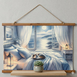 Moonlit Coastal Bedroom with Sleeping Cat Hanging Tapestry