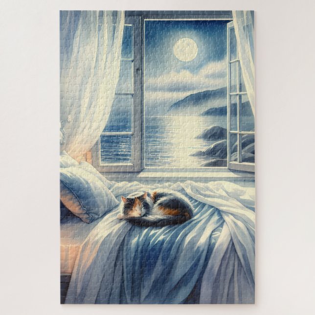 Moonlit Coastal Bedroom with Sleeping Cat Jigsaw Puzzle (Vertical)