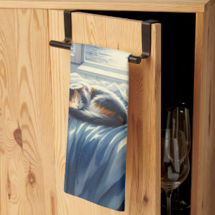 Moonlit Coastal Bedroom with Sleeping Cat Kitchen Towel