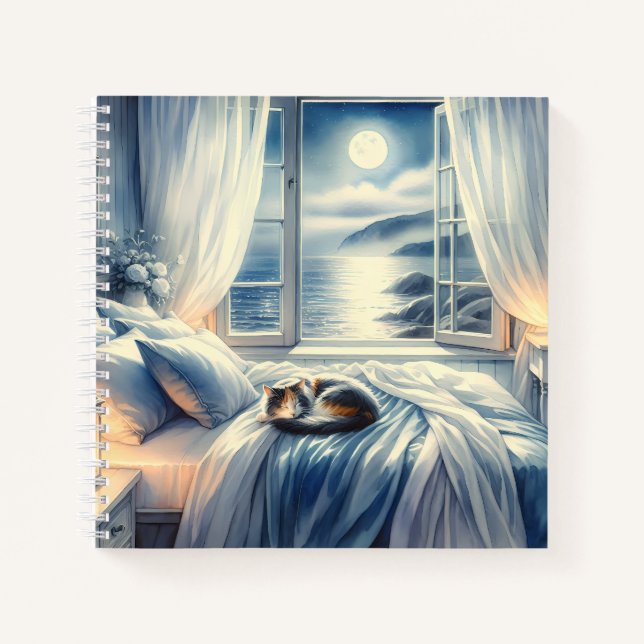 Moonlit Coastal Bedroom with Sleeping Cat Notebook (Front)