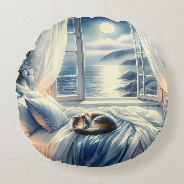 Moonlit Coastal Bedroom with Sleeping Cat Round Pillow (Front)