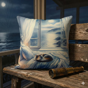 Moonlit Coastal Bedroom with Sleeping Cat Throw Pillow