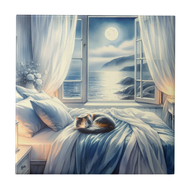 Moonlit Coastal Bedroom with Sleeping Cat Tile (Front)