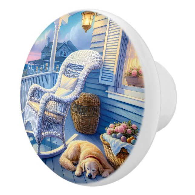 Moonlit Coastal Porch with Dog & Ocean View Ceramic Knob (Right)