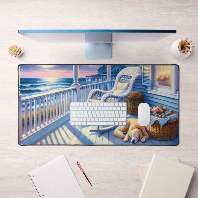 Moonlit Coastal Porch with Dog & Ocean View Desk Mat (Office 1)